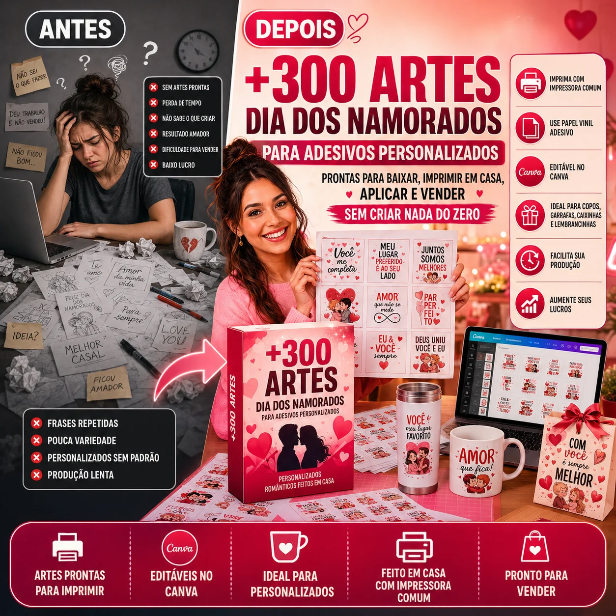 Antes e depois: sem artes e com artes romanticas prontas para Dia dos Namorados